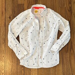 Boden White Button Down Shirt with Navy Intergalactic Patterns
